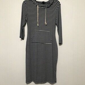 Oboe Navy Blue striped Long Sleeve Hood Stripe Bodycon Dress size M boho beach
